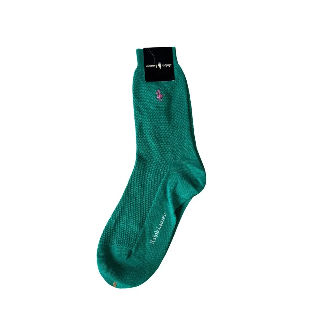 Polo Ralph Lauren womens Spring Green Waffle Knit Crew Socks Pink Pony 9-11 KC